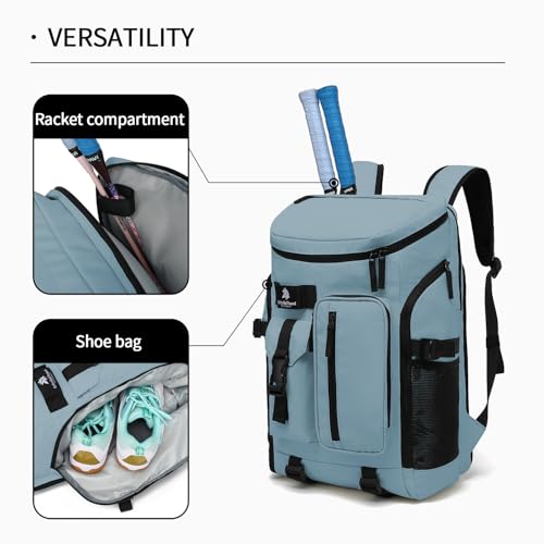 tennis mountain climbing travel backpack, independent shoe compartment for sports and fitness, waterproof 15.6-inch computer bag - color: Grey water blue