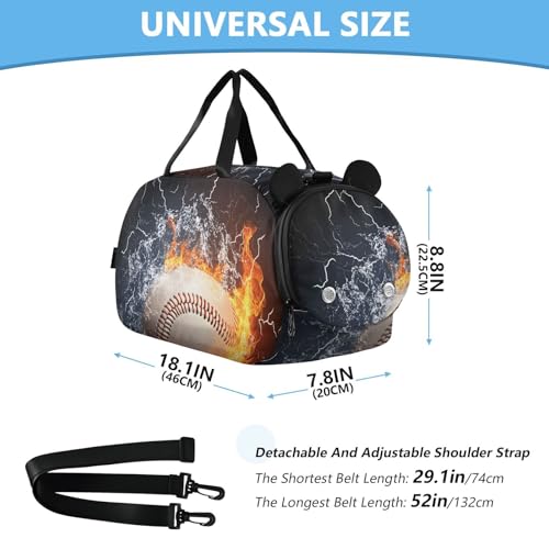 Kids Sports Duffel Bag for Boys & Girls - Baseball on Fire 100% Polyester Gym Bag with Separate Shoe Compartment, Adjustable Shoulder Strap, Compact Travel & Workout Gear Bag - color: Baseball on Fire