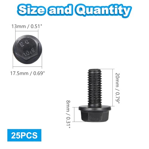 M8-1.25 X 20mm Flanged Hex Head Bolts Flange Hexagon Screws, External Flange Hex Drive Screws,Class 10.9 Black Finish,Alloy Steel, Fully Threaded, 25 PCS - size: M8x20mm