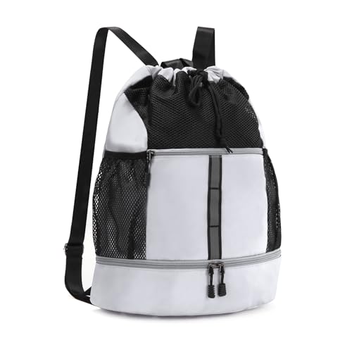 Valleycomfy Drawstring Gym Bag Sports Backpack With Shoe Compartment White | Reflective Strips Top Handle - color: White