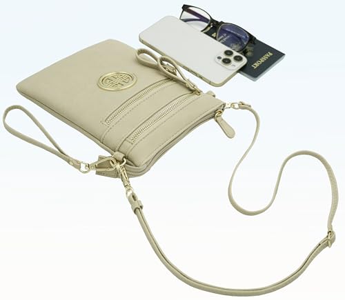 Solene Small Multi Zipper Pockets Crossbody Bag with Detachable Wristlet - color: Nude