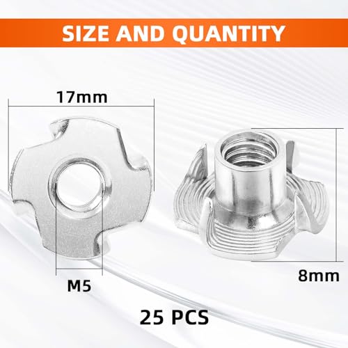 M5 T-Nut, Barrel Length 7mm, 304 Stainless Steel Threaded Insert, 4-Pronged Tee Nut for Wood, Rock Climbing Holds, Cabinetry, Furniture, 25 PCS - size: M5