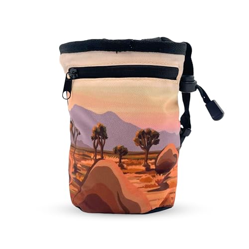 Rock Climbing Chalk Bag | for Outdoor, Gym, & Bouldering | Adjustable Waist Belt, Durable Drawstring Closure, & Zippered Pocket - style: Joshua Tree