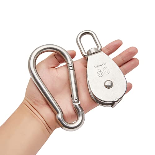 1PC 304 Stainless Steel M50 Single Pulley Block, Wire Rope Hanging Wire Towing Wheel, with 1PC Spring Snap Hook - size: M50-1pc