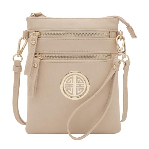 Solene Small Multi Zipper Pockets Crossbody Bag with Detachable Wristlet - color: Nude