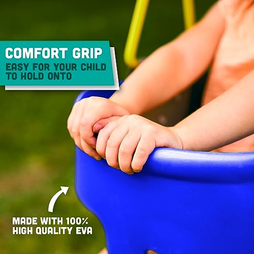 Premium High Back Full Bucket Toddler Swing Seat with Finger Grip, Plastic Coated Chains and Carabiners for Easy Install - Blue - Squirrel Products - color: Blue
