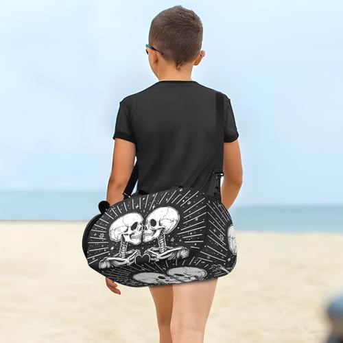 Kids Sports Duffel Bag for Boys & Girls - Two Skeletons Skull Heart 100% Polyester Gym Bag with Separate Shoe Compartment, Adjustable Shoulder Strap, Compact Travel & Workout Gear Bag - color: Two Skeletons Skull Heart