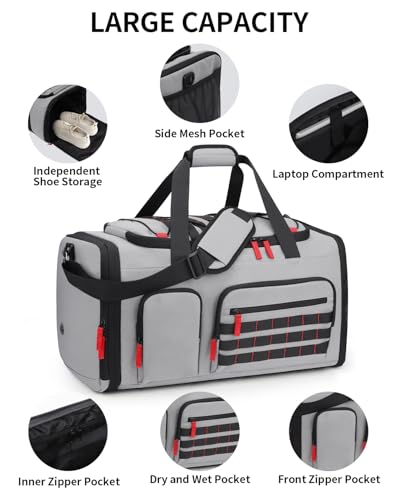 Gym Bags for Men Women, 45L Sports Travel Duffle Bag with Shoe Compartment, 3 in 1 Weekener Overnight Backpack with Wet Pocket, Grey - color: Grey