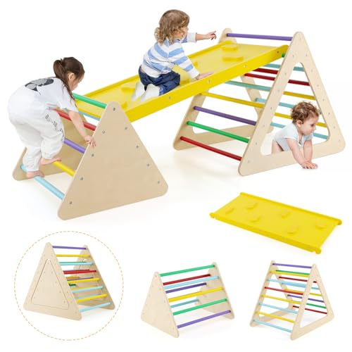 HONEY JOY Pikler Triangle Set, 5 in 1 Montessori Wooden Triangle Climber w/ 2 Stackable Ladders & Climbing Ramp, 3-Piece Baby Indoor Playground Jungle Gym, Climbing Toy for Toddlers, Colorful - style: 5 In 1 Yellow