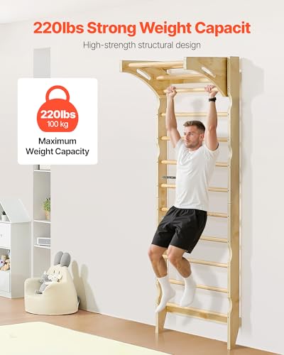 VEVOR Swedish Ladder Wall Gym, 2-in-1 10-Level Indoor Jungle Gym, 220LBS Loading Solid Wood Gymnastic Stall Bars for Kids & Adults, Indoor Playground Climbing Playset with Pull-Up Bar, Wall Ladder - style: 10-Level 2-in-1