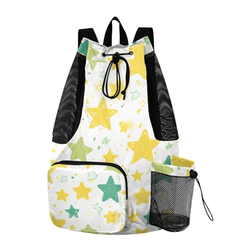 Drawstring Climbing Gym Bag With Inside Pockets Drawstring Bags For Men Women with Wet Dry Compartments Green and Yellow Stars