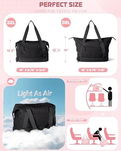 Smasrob Travel Duffle Bag with Shoe Compartment and Laptop Sleeve for Women, Lightweight Weekender Duffel Bag for Travel, Gym, Hospital Labor Delivery, Black - color: Black