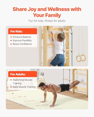 VEVOR Swedish Ladder Wall Gym, 4-in-1 8-Level Indoor Jungle Gym, 220LBS Loading Solid Wood Gymnastic Stall Bars, Indoor Playground Climbing Playset with Rings, Pull-Up Bar, Rope Ladder - style: 8-Level 4 in 1