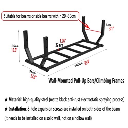 Wall Mounted Pull-Up Bar, Fits 20-30cm Beam Mounted Steel Fitness Bar, Multifunctional Climbing Frame for Sports Workouts, load 300 kg