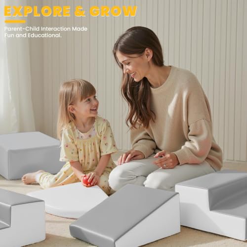 Hoohtoot Soft Foam Climbing Blocks for Toddlers: 6-Piece PU Leather Play Set - Kids Climbing and Crawling Toys - Indoor Baby Play Structure - Fun Learning Gym - style: Grey/White
