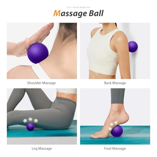 SUBCULTUREPICK 5 in 1 Foam Roller Set for Deep Tissue Muscle Massage | High Density Trigger Point Fitness Patented Exercise Roller, Muscle Stick, Massage Ball, Stretching Strap, for Whole Body - color: Purple