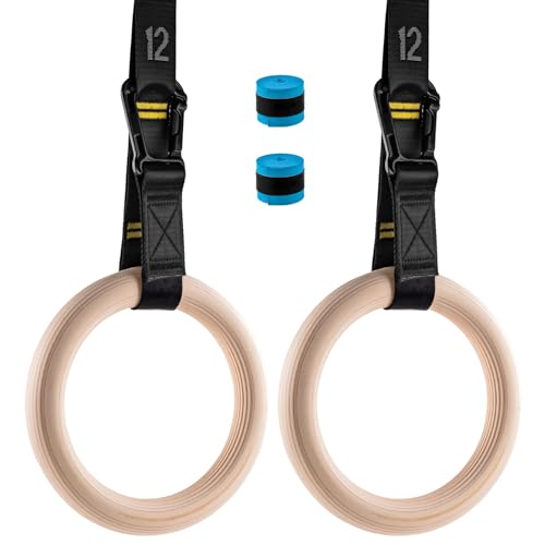Wooden Gym Rings, 9ft Numbered Double-Layer Quick Adjust Straps | Sturdy wooden gymnastic rings build upper body and core strength for daily bodyweight fitness and muscle shaping routines