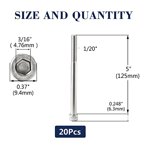 1/4-20 x 5 Socket Head Cap Screws Bolts, 20Pcs 304 Stainless Steel 18-8, Allen Socket Hex Drive, Partially Threaded, Bright Finish by SG TZH(with Hex Spanner) - size: 1/4-20 x 5"