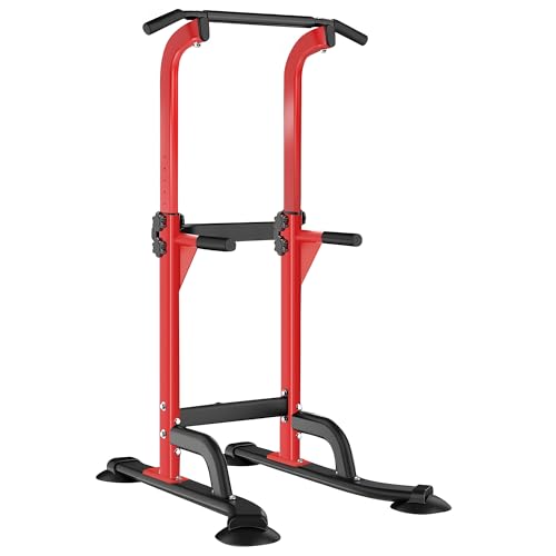 SogesHome Multi-Function Power Tower Pull Up Bar Dip Station for Home Gym | Height Adjustable PullUp Dip Stand, Full Body Strength Training Equipment, Fitness Workout for Push Ups Dips, 330LB Capacity - color: Red