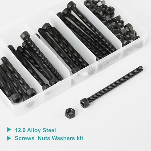50PCS M5 x 50mm 60mm 70mm 80mm, Hex Socket Head Cap Screws Bolts Nuts Kit, 12.9 Grade Alloy Steel, Black Oxide Finish, Metric Allen Drive, Fully Threaded - size: Socket M5x50/60/70/80mm