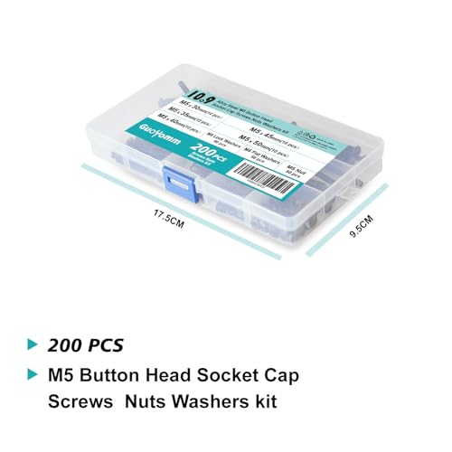 200 PCS M5 x 30mm 35mm 40mm 45mm 50mm, Button Head Socket Cap Screws Bolts Washers Nuts Assortment Kit, 10.9 Grade Alloy Steel, Black Oxide Finish, Metric Allen Hex Drive - size: Button M5x30/35/40/45/50 mm