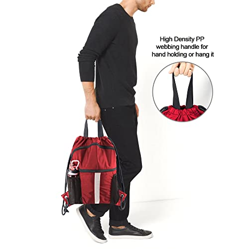 BeeGreen Drawstring Backpack Bag with Shoe Compartment, X-Large Black Gym Sports String Cinch Backpack - color: Red