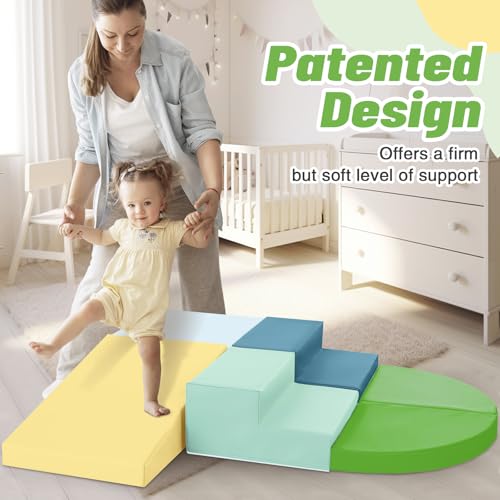 TODIBY 6-Piece Soft PU Leather Toddlers Climbing Toys, Baby Foam Climbing Blocks for Toddlers 3, Foam Play Gym Climbing Structures, Indoor Climb and Crawl Activity Play Set (Light Blue and Green) - style: Macaroon/Light Blue/Green