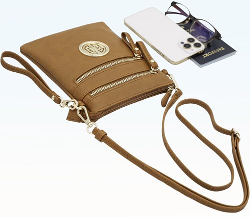 Solene Small Multi Zipper Pockets Crossbody Bag with Detachable Wristlet - color: Tan