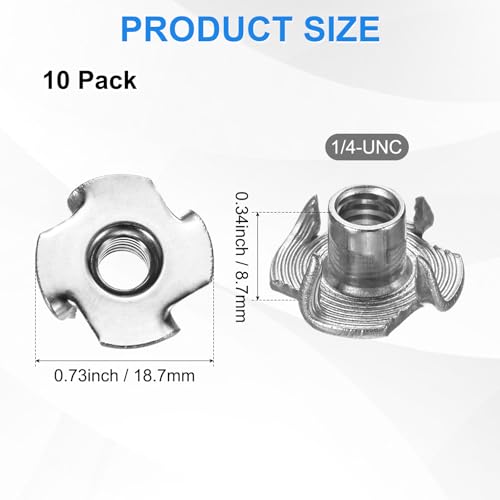 M METERXITY 10-Pack 1/4-UNC T-nut, 6/16" Barrel Length Stainless Steel 4-Pronged Tee Nut Threaded Insert for Wood/Rock Climbing Holds/Furniture, Corrosion Resistant Fasteners - size: 1/4-UNC