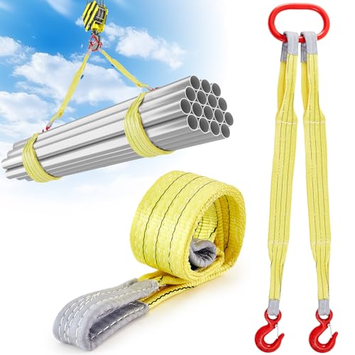 2 Pcs 3.3 FT Heavy Duty Polyester Lifting Rigging Straps Two Leg Bridle Web Sling with Hook & Twist Eye Lift Strap for Hoist Engine Crane Truck Tow Tree Stump 13227 Lbs Load Capacity, Yellow