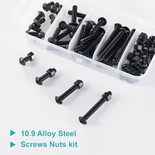 M5 x 10mm 20mm 30mm 40mm Button Head Socket Cap Screws Bolts and Nuts, 10.9 Grade Alloy Steel, Black Oxide Finish, Metric Allen Hex Drive, Fully Thread, Assortment Kit 80PCS - size: Button M5x10-40mm+Nuts
