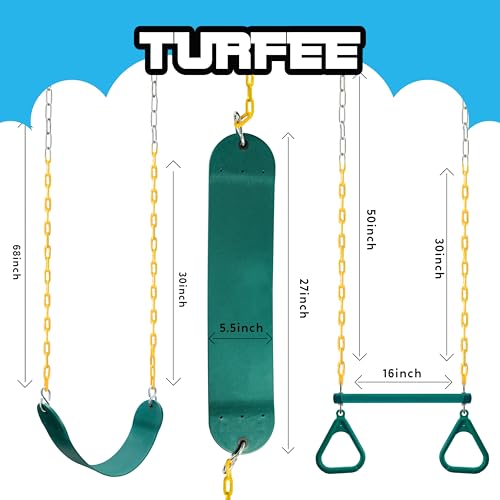 TURFEE 3 Pack Assorted Swing Set, Including 1 Gym Rings Trapeze Bar and 2 Pcs Swings with Plastic Coated Chain, Swingset Accessories Replacement for Kids Outdoor Play, Playground- Green - style: Swing set+1 Gym rings