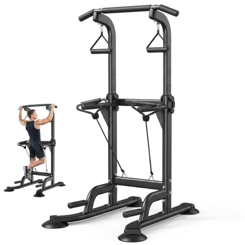 Power Tower Pull Up & Dip Station Multi-Function Home Strength Training Fitness Workout Station Height Adjustable - color: Black