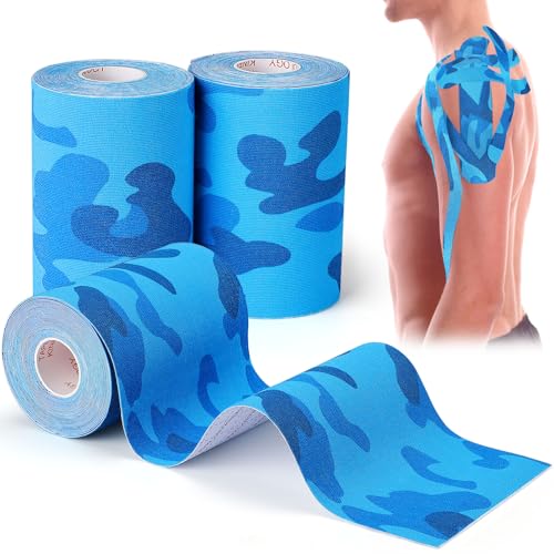 Wide Kinesiology Tape, 3 Pack, 4in x 5.5yd, Waterproof Blue Camo | Waterproof & Sweat-Resistant, Breathable Latex-Free Cotton, For Shoulder, Knee, Fit Sports, Workouts & Active Training - color: Blue 4in