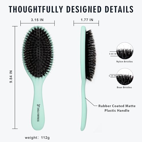 EAGLE FORTRESS Boar Bristle Hair Brush for Women, Men & Kids, Detangling Hair Brush with Polished Nylon Pins for Fine, Thin, Wet & Dry Hair, Hair Extensions, Smooth & Shine – Turquoise - color: Mint