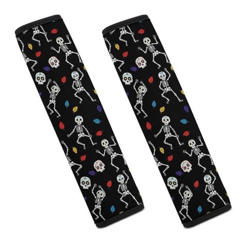 2 Piece Universal Fit Seat Belt Cover for Adult Use, Most Cars, Halloween Rock N Roll Dancing Skeleton Sugar Skulls Print Seat Belt Covers Cushion, Shock Absorption - color: Pattern 969