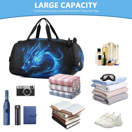 Kids Sports Duffel Bag for Boys & Girls - Blue Flame Dragon 100% Polyester Gym Bag with Separate Shoe Compartment, Adjustable Shoulder Strap, Compact Travel & Workout Gear Bag - color: Blue Flame Dragon