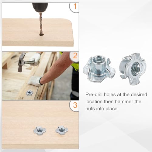 HARFINGTON M8x10mm T-Nuts 4 Pronged Tee Nut 0.83" x 0.39" Fully Thread Carbon Steel Inserts for Wood, Rock Climbing Holds, Cabinetry, Furniture 100pcs - size: M8x10mm, 21mm