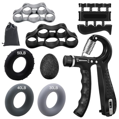 Grip Strength Trainer Forearm Strengthener Kit 8 Pack, Adjustable Hand Gripper Strengthener 10-100KG, Finger Strengthener Exerciser, Grip Ring and Hand Exercise Stress Balls for Arthritis Hand Therapy