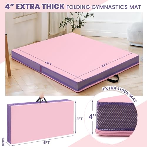 Nuanchu 4'' Thick Folding Gymnastics Mat 4ft x 4ft Gymnastics Practice Mats for Tumbling for Girl Stretching Yoga Pilates Aerobics Workouts Cheerleading Martial Arts
