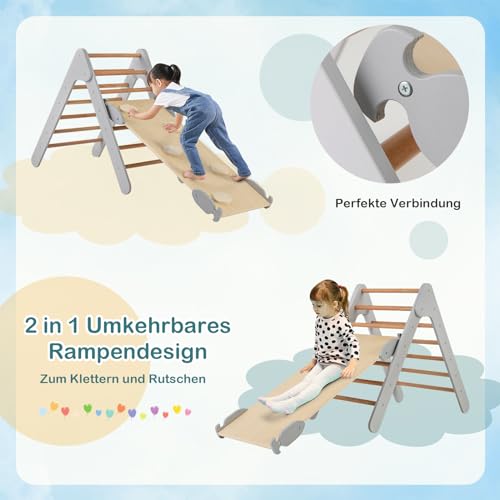 COSTWAY Climbing Triangle with Slide, Indoor Climbing Frame from 1 Year, Rung Triangle Climbing Ramp Made of Wood, for Climbing & Sliding (Grey)