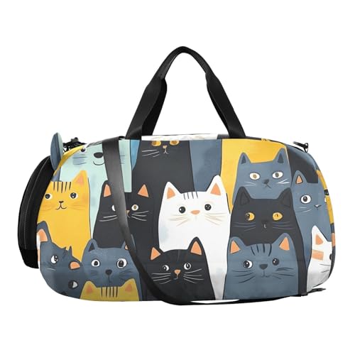 Kids Sports Duffel Bag for Boys & Girls - Cartoon Cat Patterns 100% Polyester Gym Bag with Separate Shoe Compartment, Adjustable Shoulder Strap, Compact Travel & Workout Gear Bag - color: Cartoon Cat Patterns