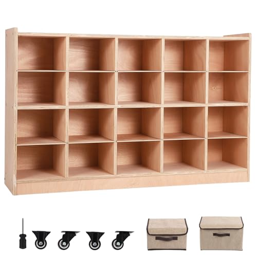 Garvee Mobile Storage Cabinet,Storage Block Cubby with 5 Anti-Flip Fittings, 4 Castors and 2 Boxes for Home, School, Kindergarten, Natural - size: 20 Cubbies