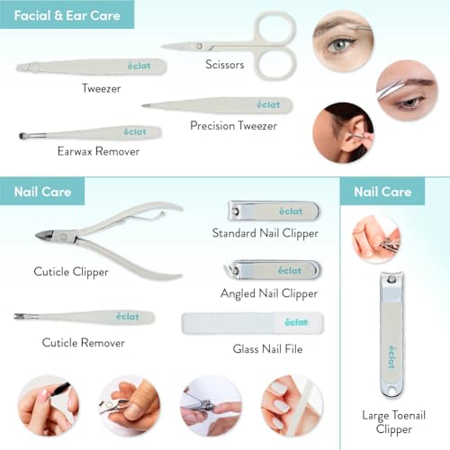 Éclat Manicure Pedicure Kit for Men & Women, 10Pcs Finger & Toe Nail Care Tools Includes Nail Clipper Cutter, Tweezer, File, Cuticle Pusher, Personal Care Professional Grooming Set With Travel Case - color: Medium Mani+pedi Set (10pc Cream)