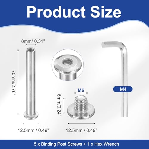PATIKIL M6x6mm Hex Chicago Screws 8x70mm, 5Pcs 304 Stainless Steel Metric Hex Drive Socket Cap Binding Post Screw Posts for Scrapbook Leather Belt Album Furniture Repair, Silver - size: M6x6mm, 8x70mm