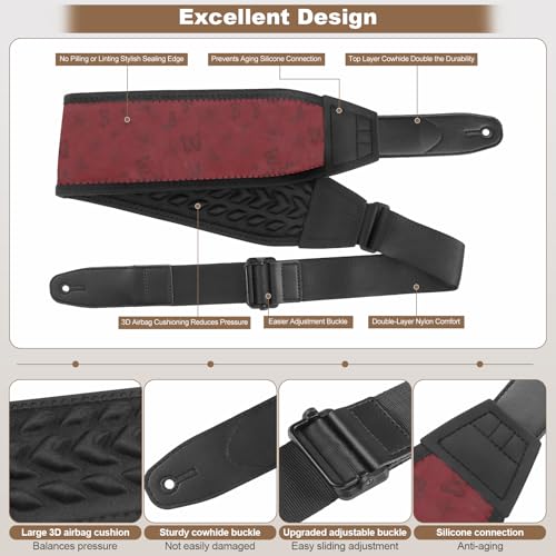 Guitar Straps for Electric Guitar Bass, Smooth Guitar Strap, 3" Wide Padded Straps with 3D Sponge Filling, Comes with 4 Picks + 2 Strap Locks + 1 Headstock Tie + 1 Tie Rope, Red Butterfly - color: Smooth Red Butterfly