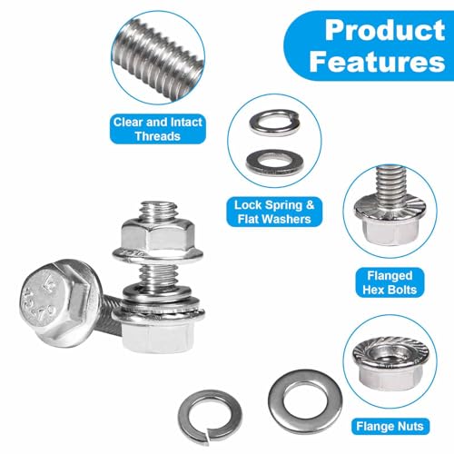 15 Sets 1/4-20 x 1 Flanged Hex Head Bolts Kits, 1/4-20 Flange Hexagon Screws and Nuts,Flat & Spring Lock Washers, 304 Stainless Steel 18-8,Fully Threaded - size: 1/4-20 x 1"