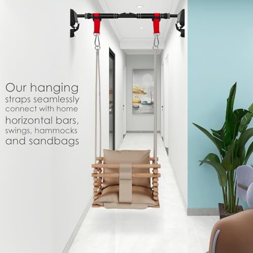 Hanging Straps Kit for Gymnastic Rings (2-Pack), Pull-Up Bar & Tree Swings, Gym & Travel–Anti-Slip Sling Saver Sleeves + Anti-Slip Locking Carabiners (Black) - color: Black
