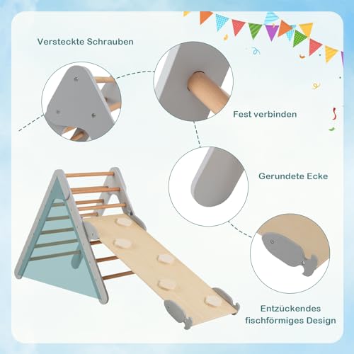 COSTWAY Climbing Triangle with Slide, Indoor Climbing Frame from 1 Year, Rung Triangle Climbing Ramp Made of Wood, for Climbing & Sliding (Grey)