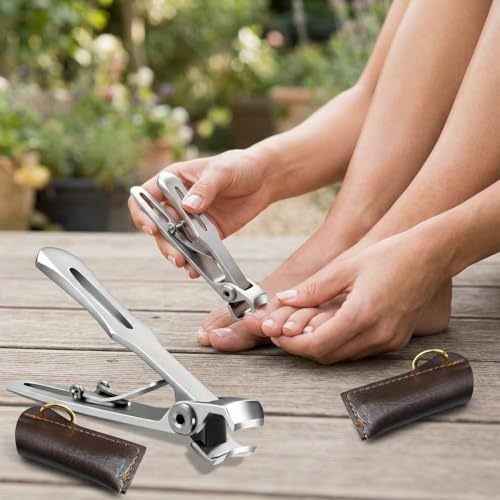 Nail Clipper with Leather Case - Wide Opening Straight Tip Nail Trimmer for Thick Nails, Portable Grooming Tool with Protective Pouch